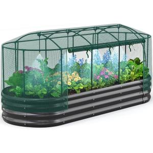 Quictent Galvanized Raised Garden Bed Kit with Self Watering System and Mesh Cover, Large Oval Metal Outdoor Planter Garden Boxes for Vegetables Herbs Flowers, 8x3x1Ft