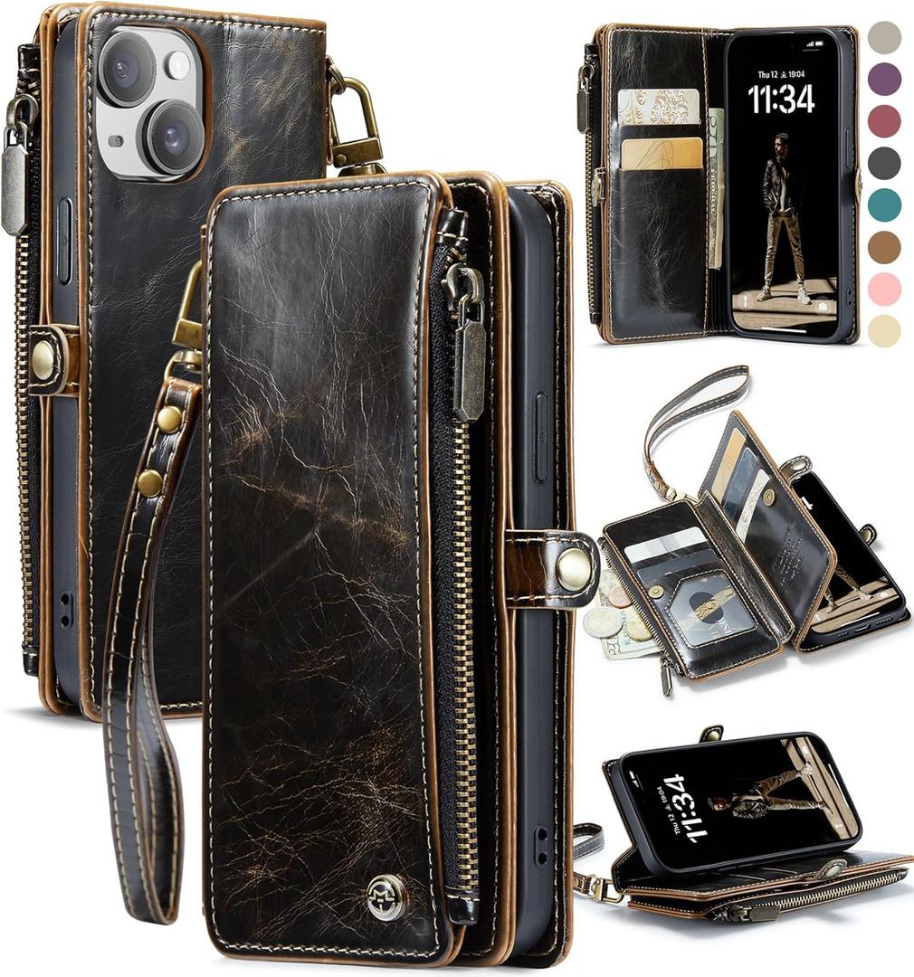 Defencase Compatible with iPhone 14 Case Wallet with RFID Blocking Card Holder for Women and Men, Fashion PU Leather Magnetic Snap Flip Zipper Strap Wallet Phone Case Fit for iPhone 14 6.1", Coffee