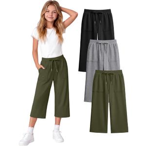 3 Pack Girls' Capri School Pants | Straight Leg, Athletic, Casual, Cropped Sweatpants, with Pockets, Summer, Loose, Back to School, Joggers, for Girls 5-14Y