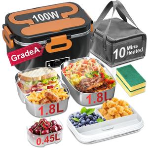 Electric Lunch Box for Adults - 2 Pack 1.8L Container 100W Heated Lunch Box for Men Fast Heating Food Heater Portable with ON/OFF Switch, 0.6L Compartment Lid for Car, Truck, Office (12V/24V/110V) (Orange)