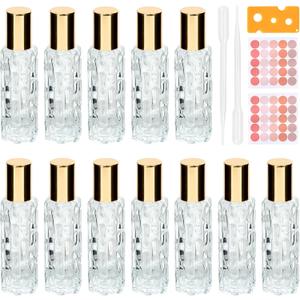 12PCS Essential Oil Roller Bottle Refillable Empty Glass Bottle with Stainless Steel Rollerball, Refillable Glass Set Includes Opener and Dropper