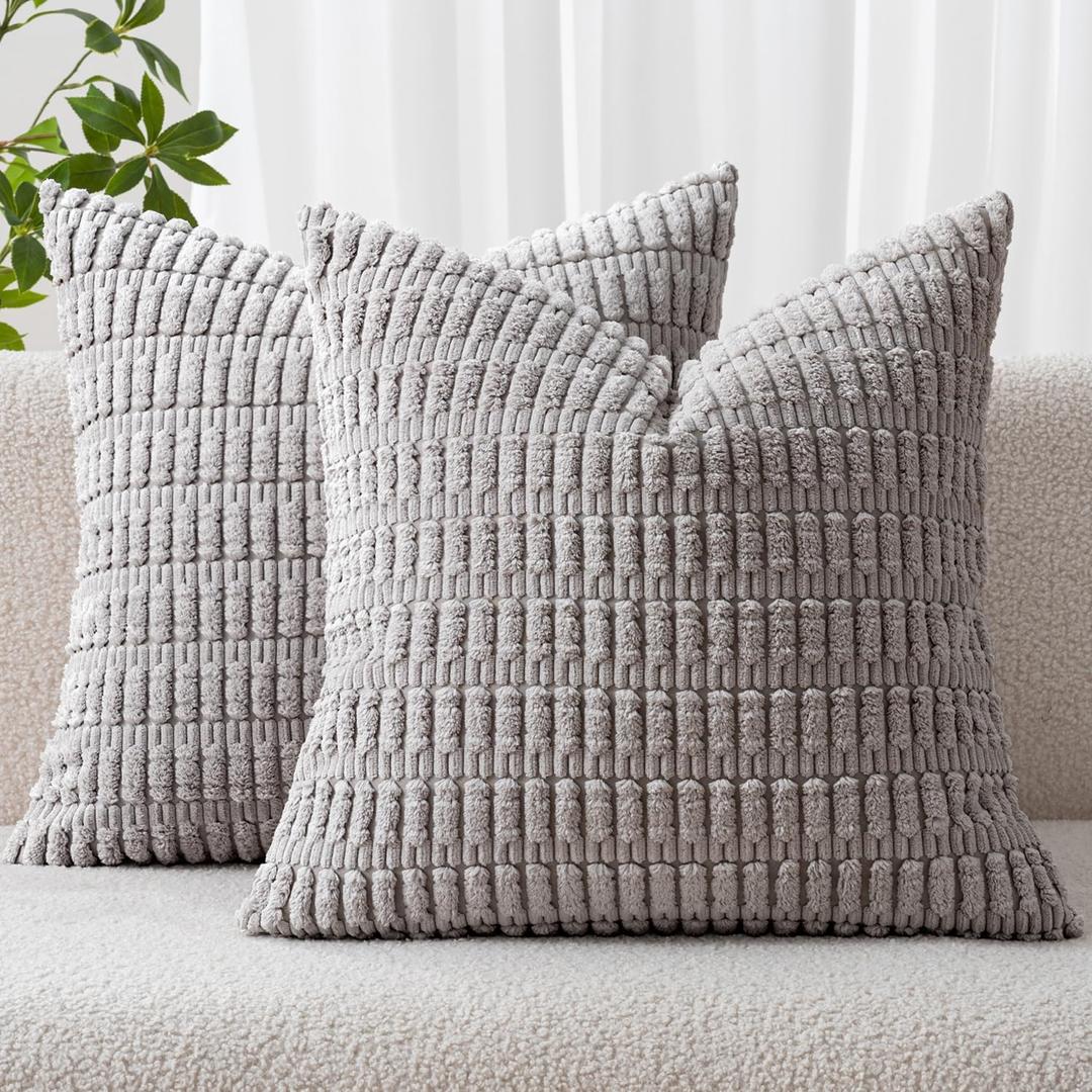 MIULEE Pack of 2 Corduroy Decorative Lumbar Throw Pillow Covers 20x12 Inch Soft Boho Striped Pillow Covers Modern Farmhouse Home Decor for Summer Sofa Living Room Couch Bed Light Grey