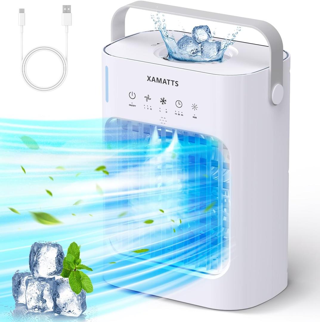 Portable Air Conditioners Cooling Fan,4 in1 Evaporative Mini Air Conditioner Portable, 700ml Personal Small Desk Air Cooler Fan, Humidifier,Night Light,3 Wind Speeds for Home Office Indoor Use (F02 White)