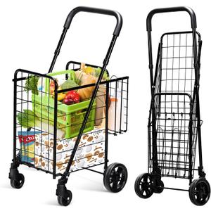 IRONMAX Grocery Shopping Cart, Foldable Heavy Duty Utility Cart w/Adjustable Handle, Extra Basket & 360 Rolling Swivel Wheels, Lightweight Trolley Cart for Grocery Laundry Luggage (Black)