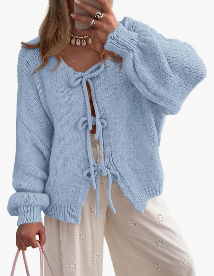 PRETTYGARDEN Women's Tie Front Bow Cardigan Sweaters Chunky Knit Long Puff Sleeve Trendy Fall Winter Jacket Coats Light Blue Medium PRETTYGARDEN Women's Tie Front Bow Cardigan Sweaters Chunky Knit Long Puff Sleeve Trendy Fall Winter Jacket Coats Light Blue Medium
