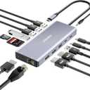 LASUNEY USB C Laptop Docking Station Dual Monitor, 14 in 1 Hub Multiport Adapter Dongle with 2 HDMI, DisplayPort, RJ45, SD/TF, USB C/A Ports, PD, Mic/Audio, Compatible for MacBook Dell HP Lenovo (Metallic)