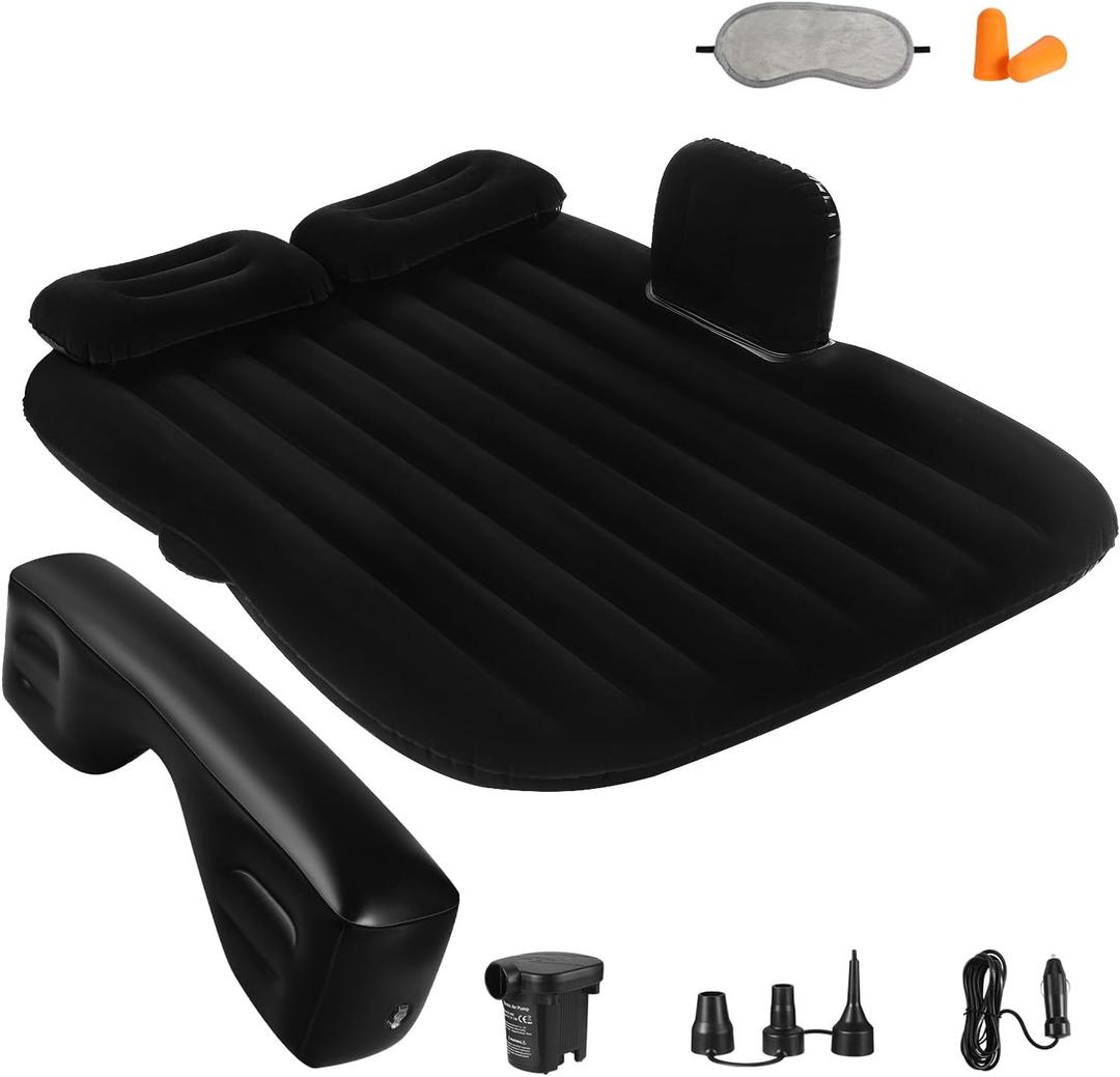 Car Air Mattress Portable Car Bed Back Seat Camping Bed Inflatable Dog Bed for Car Universal SUV Camping Mattress with Car Air Pump 2 Pillows (Black), Full