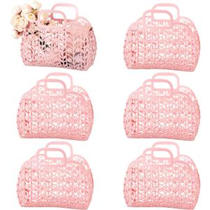 Silkfly 6 Pcs Jelly Pink Tote Bags for Girl Summer Beach Purse Women Shower Storage Basket Large Cute Plastic Handbags Bulk with Handle for Bathroom Pool Bath Toy Storage Wedding Bridesmaid Gifts, L