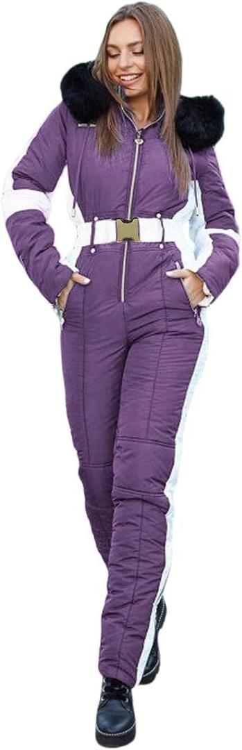 Yousify Womens Snow Suits Winter Ski Suit Onesie Outdoor Sports Waterproof Snowsuit Removable Faux Fur Collar Coat Jumpsuit (Medium, Purple)