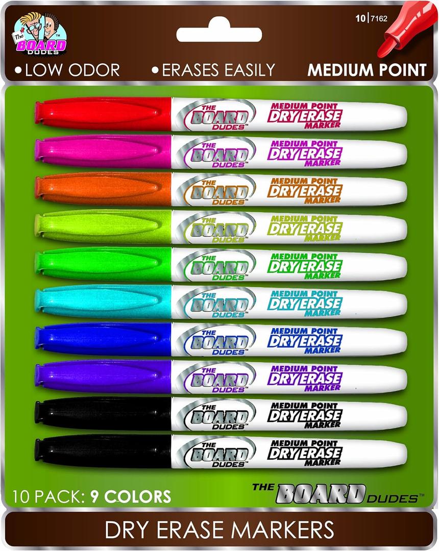 Mattel The Board Dudes: Medium Point Dry Erase Markers, 10-Pack, 9 Colors, Low Odor, Erases Easily