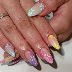 Almond Press On Nails Medium Fake Nails Flower False Nails With Gradient Design Spring Summer Glue On Nails Full Cover Artificial Glossy Acrylic Stick On Nail For Women 24pcs