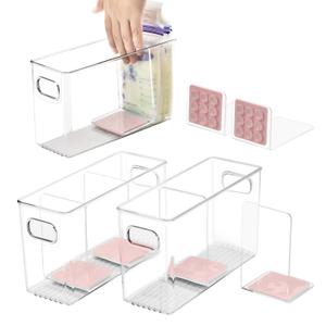 Breastmilk Storage Container with L Shaped Dividers to Flatten Standing Breast Milk Bags in Organizer Bins Save Refrigerator Space | 2 Containers with Removable Separator Boards - Pink (3mm Thick)
