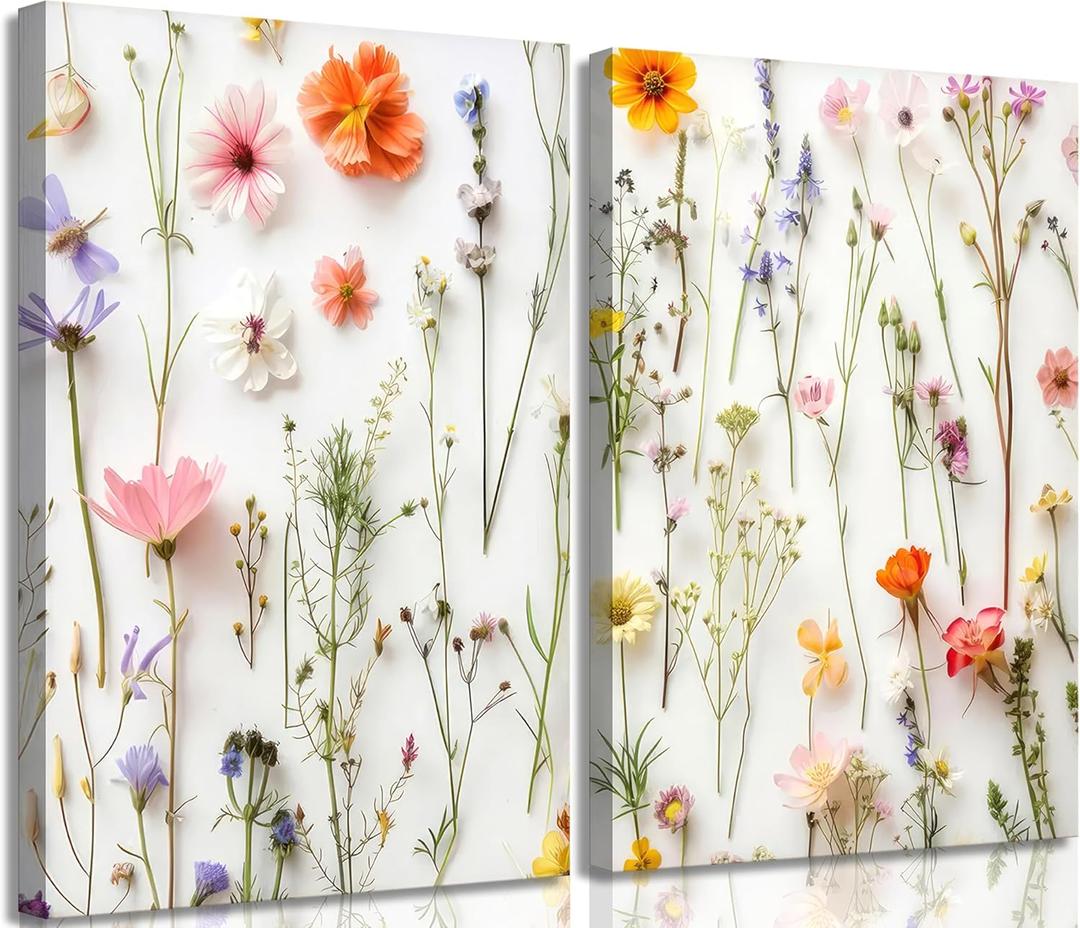 2Pcs Colorful Wildflower Canvas Wall Art Modern Floral Plant Wall Decor Pictures Botanical Pressed Flower Poster Prints for Dining Area Living Room Bedroom Home Decorations (12x16in canvas)