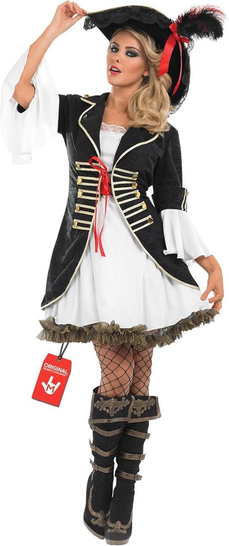 fun shack Pirate Costume Women's Deluxe Buccaneer Outfit with Corset Jacket, Dress, Hat (Black), Small