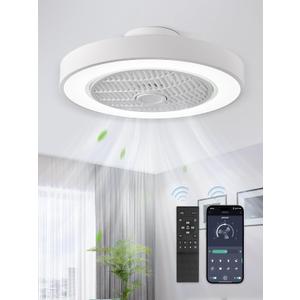 LEDIARY 20 Inch Low Profile Ceiling Fan With Light, Led Bladeless Ceiling Fans, Remote Control Enclosed Flush Mount Ceiling Fan With Timming, 3000-6000K, 6 Wind Speed, 3000LM, 57W-White