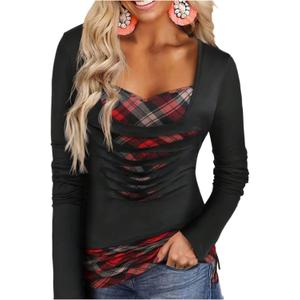 RoseSeek Women's Plaid Cut Out Tops Square Neck Long Sleeve T Shirts Preppy Fall Tops (Black, Medium)