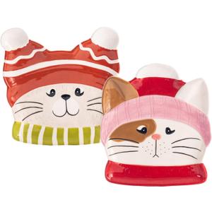 Bico Knitted Kitten Ceramic Appetizer Plates Set, Set of 2, Microwave and Dishwasher Safe