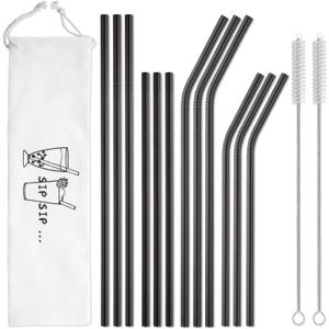 Hiware 12-Pack Black Stainless Steel Straws Reusable with Case - Metal Drinking Straws for 30oz and 20oz Tumblers Dishwasher Safe, 2 Cleaning Brushes Included