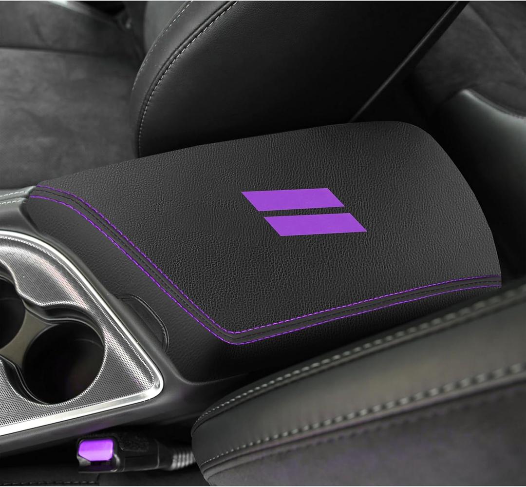 YOSRTER for Dodge Challenger Accessories 2015 2016 2017 2018 2019 2020 2021 2022 2023 2024 Dodge Challenger Center Console Armrest Cover Interior Anti-Scratch Leather Center Armrest(Purple Stitches)