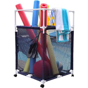 Essentially Yours Rolling Pool Noodle Storage Organizer Bin, Standard Noodle Holder, (25.4" W x 26" L x 40.5" H), Blue/White Style 510643
