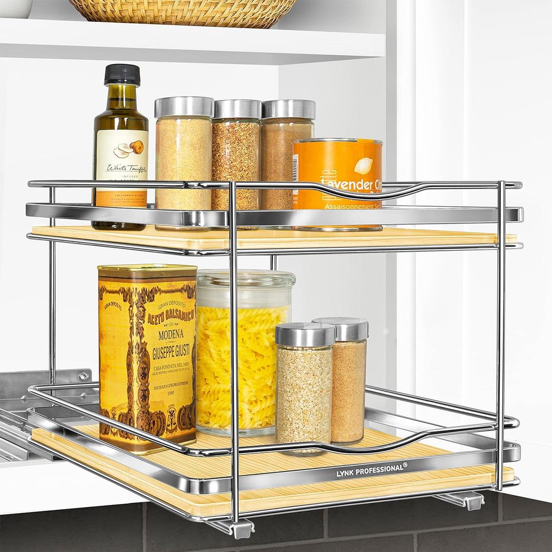 LYNK PROFESSIONAL lite Pull Out Spice Rack Organizer for Inside Kitchen Cabinets - 10-1/4 inch Wide - Slide Out Drawer Wood/Chrome Sliding Spice Cabinet Organization Shelf Racks - 2 Tier, 