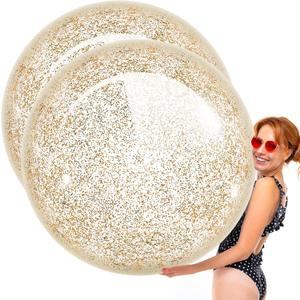 Junkin 2 Pcs 48'' Giant Sequins Beach Ball Inflatable Glitter Confetti Clear Large Jumbo Balls Water Beach Toys for Outdoor Summer Swimming Pool Party Favors (Gold)