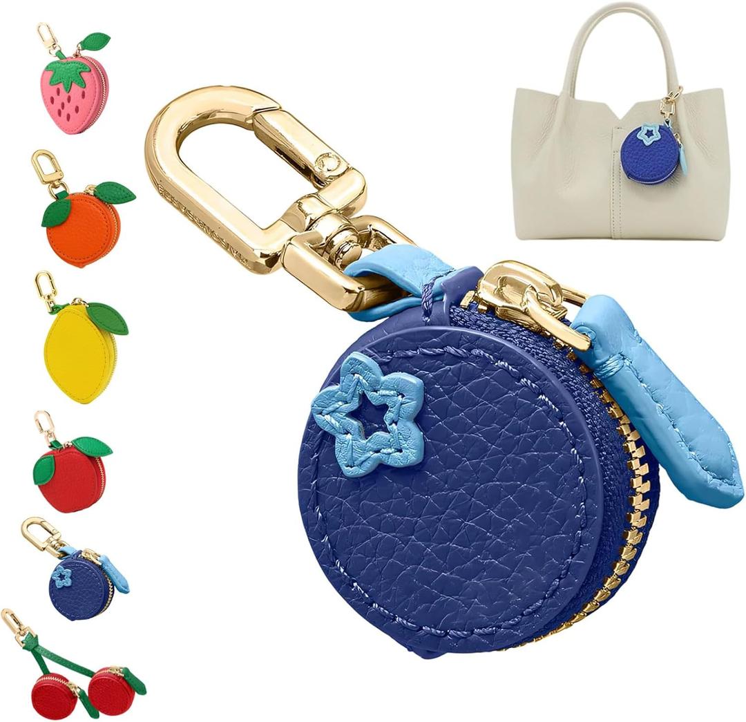 Fruit Coin Purse Keychain Mini Coin Keybag Purse Charms for handbags, Mini Cute Fruit Charm Leather Zipper for Wallet, Bag and Handbag Decor for Women (Blueberry)