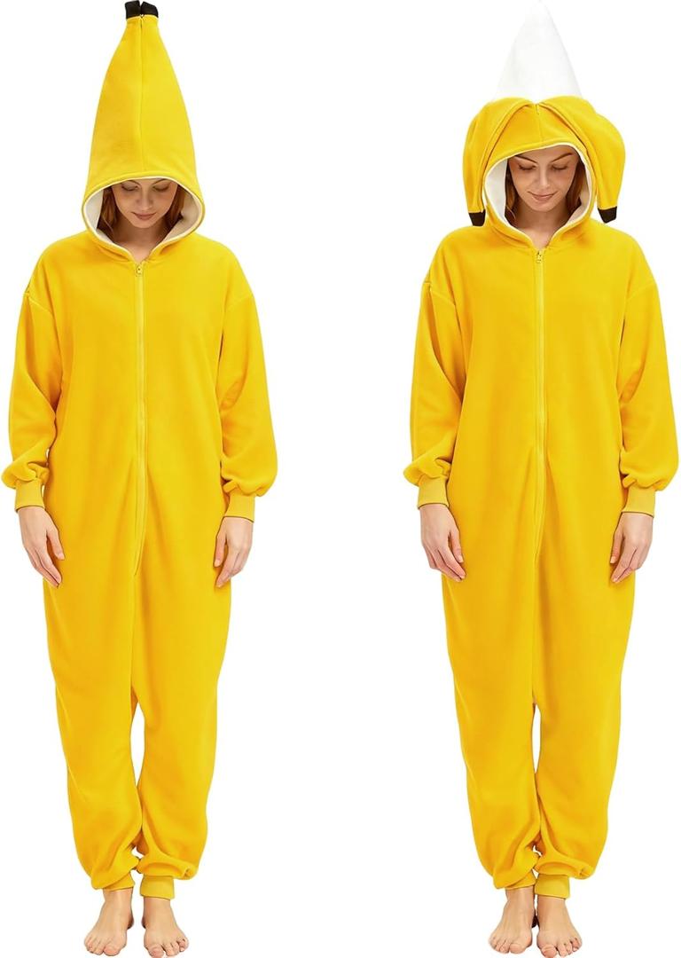 Adult Banana Onesie Fruit Costume with Peel - Halloween Cosplay One-Piece Pajamas for Men and Women (X-Large)