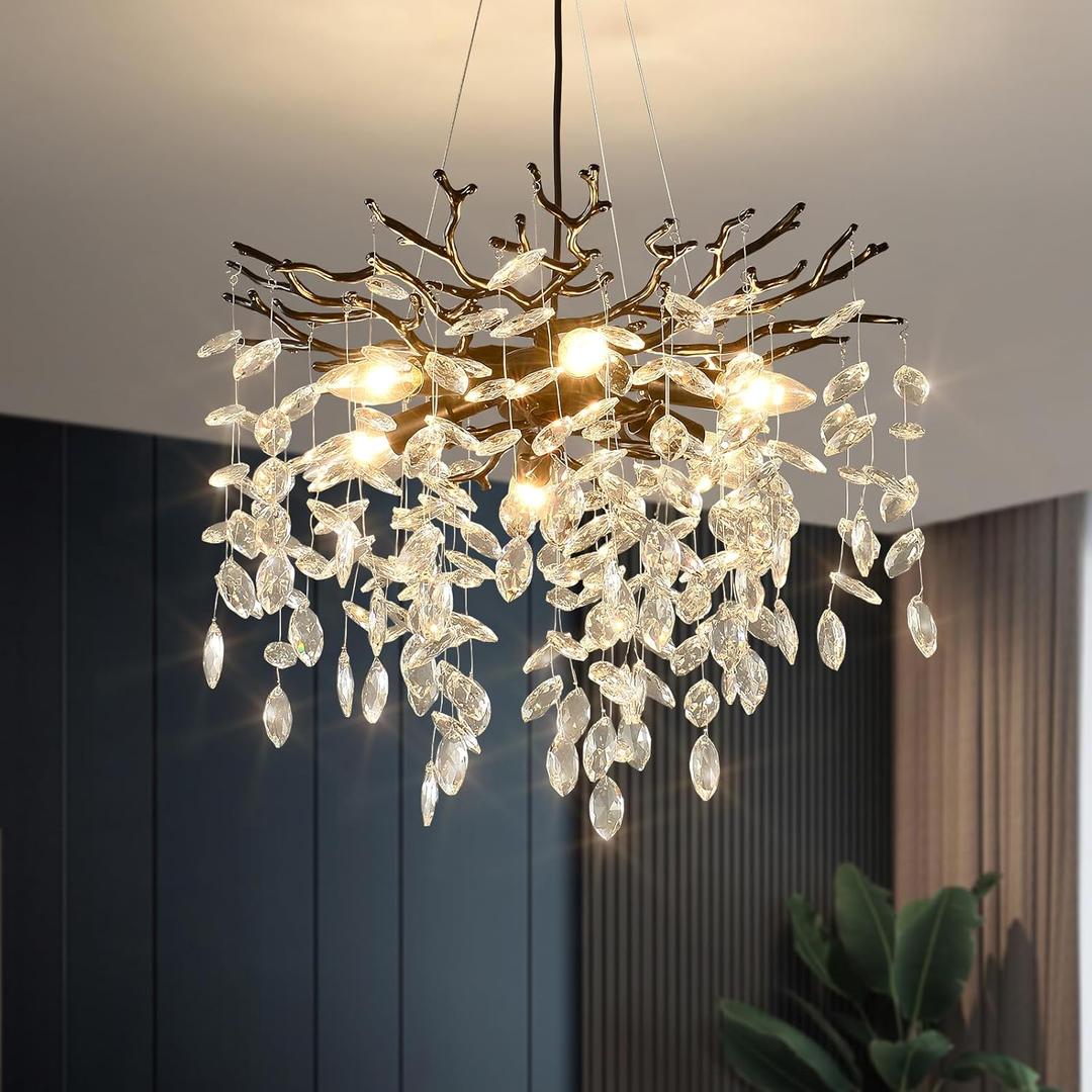 EGM Black Tree Branch Crystal Chandelier, 18 Inch Modern Dining Room Crystal Chandelier 6-Light(E12), Hanging Round Chandeliers for Living Room Bedroom Foyer (Black 6 Light 18'')