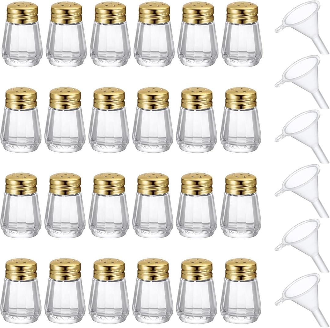 24 Pcs Cube Shape Mini Salt and Pepper Shakers Bulk 0.5 oz Small Cube Glass Spice Shaker with Plastic Mini Funnels for Wedding Kitchen Restaurant Travel Camp Party (Golden)