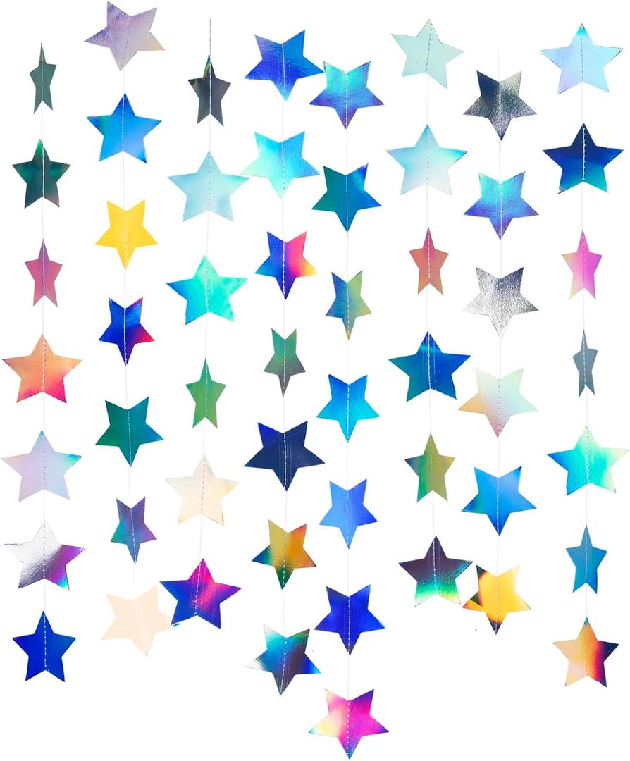WEVEN Star Garland Holographic Decor Party Streamers Twinkle Star Banner Backdrop for Wedding Baby Shower Birthday Party Decorations, 3" in Diameter, 20 Feet in Total