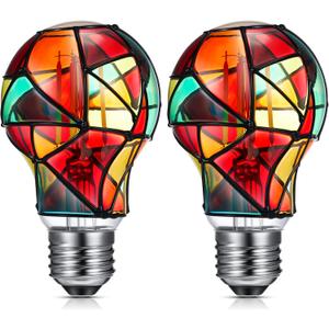 Baquler 2 Pcs LED Stained Glass Bulb A19/A60 3.5w E26 Base Colorful Light Bulb 120v for Christmas Xmas Indoor Home Balcony Garden Party Decoration(Classic)