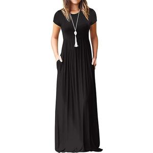 DEARCASE Maxi Dress for Women Short Sleeve Casual Summer Loose Plain Comfy Long Dresses with Pockets, Size M