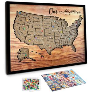 flinelife Cork Board Usa Travel Map With Pins, 12x10, Medium Size, Map of United States, Perfect For Couples and Families Gift (Our Adventures)