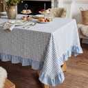 HunnmingRe Blue Gingham Plaid Ruffled Tablecloth 84 x 60 Inches 100% Cotton Checkered Rectangle Table Cloth Farmhouse Cottage Vintage Dining Table Cover Decor for Spring Holiday Party