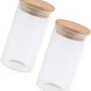 ComSaf Airtight Glass Storage Canister with Wood Lid (1.6 Qt), Clear Food Storage Container Jar with Sealing Lids for Oat Pasta Flour Cereal Rice Sugar Tea Coffee Beans, Set of 2 Square Cookie Jar