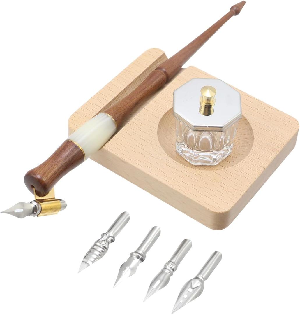 Crapyt 1 Set Wood Dip Pen with 5 Pcs Stainless Steel Oblique Nibs Desktop Pen Holder Holder Ink Well for Dip Pen Calligraphy Drawing(Light Brown)