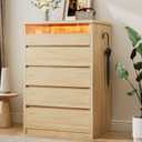 Jocoevol 5 Drawer Dresser for Bedroom with LED Light, Modern Chest of Drawers with Hidden Handles, Tall Wooden Dresser Closet for Living Room, Entryway, Hallway - Oak, 15.8"D x 47.2"W x 29.7"H