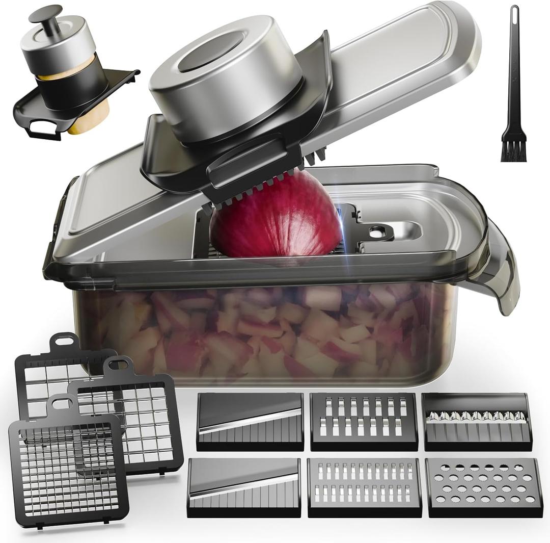 12-in-1 Vegetable Chopper, Mandoline Food Slicer for Kitchen, Cheese Grater, Veggie Chopper with Container, Vegetable Cutter for Onion, Salad and Fruit- Stainless Steel, Home Essential Tools