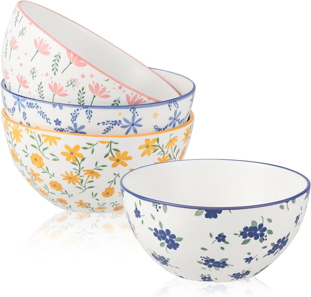 Ceramic Cereal Bowl Set of 4 - Colorful Porcelain Soup Bowls with Floral Patterns - 6-Inch Perfect for Serving Breakfast, Salad, Oatmeal, Rice - 23.6 OZ (700 ml)