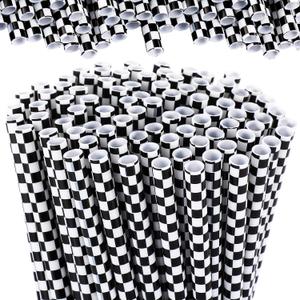 Domensi 100 Pcs Plastic Straws Disposable Drinking Plastic Straws Reusable Striped Flag Summer Party Supplies for Birthday Decoration (Black and White Checkered)