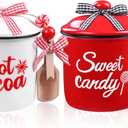 DIYDEC 2pcs Christmas Ceramic Canisters Christmas Ceramic Cup Mini Jar Candy Holder with Lid Spoon Wooden Beads Xmas Tiered Tray Decor for Winter Home Table Centerpiece Decoration Supplies