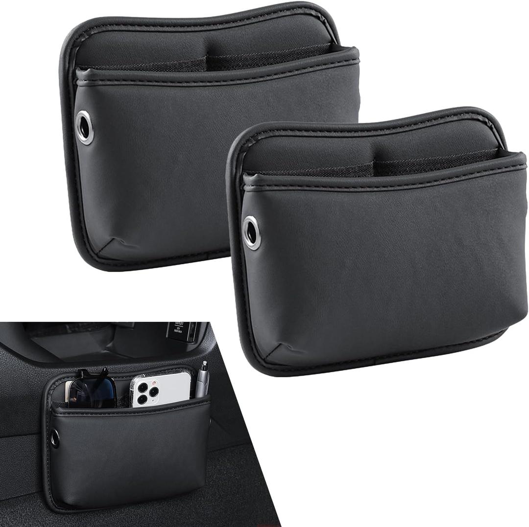 2 PCS Car Seat Side Pocket Organizer, PU Leather Mini Storage Pocket for Car Seats, Doors, Consoles, Dashboard, Vehicle Gap Filler Organizer for Phone, Keys, Sunglass, Wallet (Black)