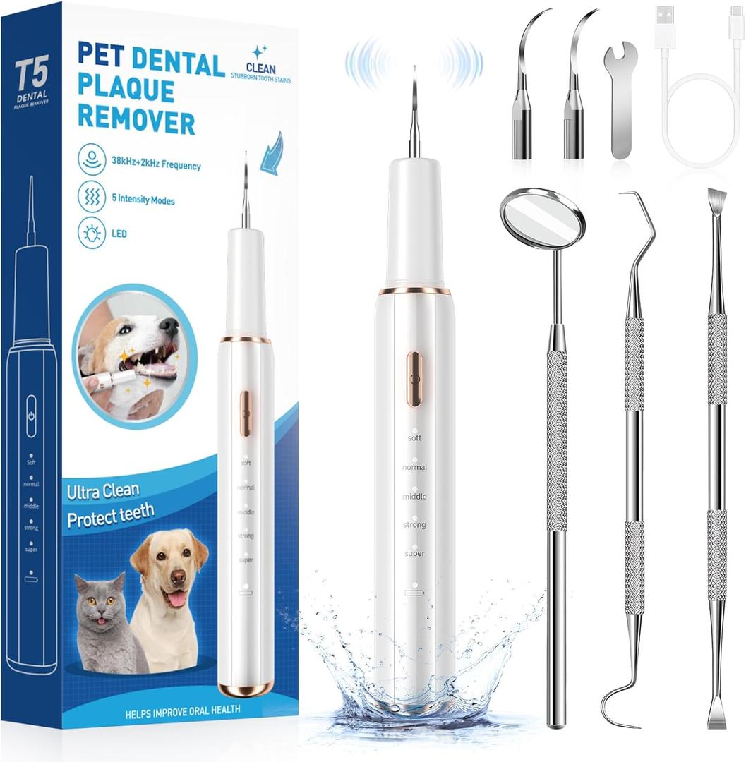 Electric Dog Plaque & Tartar Remover - Pet Teeth Cleaning Kit with 5 Adjustable Modes, LED Light, Safe and Low Noise  Easy at Home Dental Care for Dogs and Cats