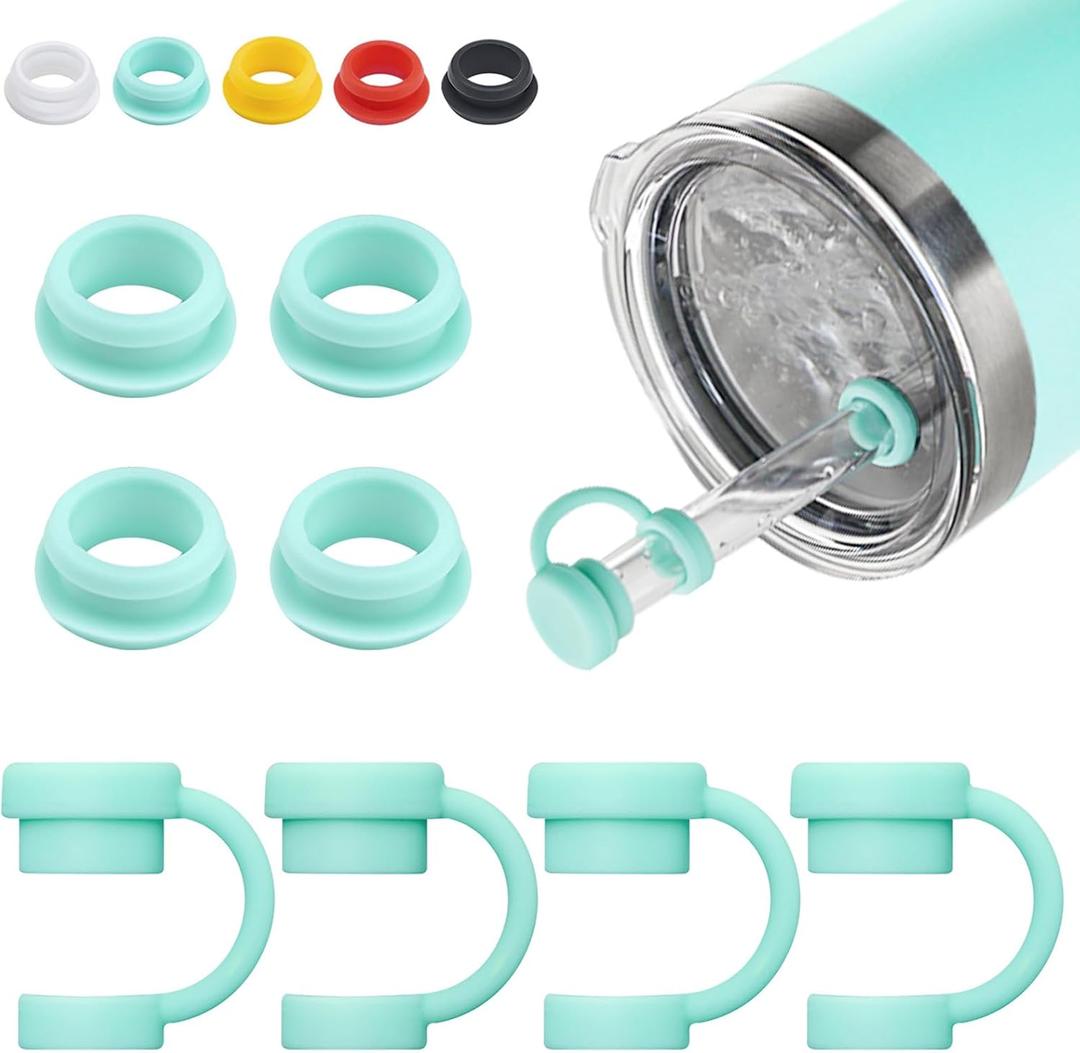 Straw Cover for YETI Cup, 4 Sets Silicone Spill Stopper Compatible with YETI Tumbler, Leak Proof Kit of Mug Accessories Including 4 Straw Cover, 4 Leak Proof Stopper (Seafoam 4PCS)