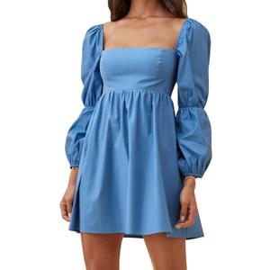 EXLURA Womens 2026 Square Neck Dress Long Puff Sleeve A-Line Casual Short Mini Dresses (Blue, XL)