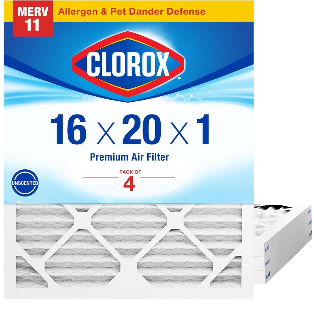 Clorox 16x20x1 Air Filter, MERV 11 Pleated HVAC AC Furnace Air Filters for Dust, Pollen and Pet Dander, MPR 1000 & FPR 7 Pack of 4