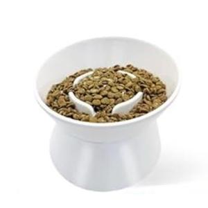 F FD Hub Tilted Raised Slow Feeder Bowl for Cats and Small & Medium Dogs, Raised Design Improves Posture, Spiral Inner Shape Prevents Fast Eating, Dishwasher Safe, 10 oz (White, L-Cats)
