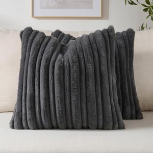 FUTEI Pack of 2 Faux Rabbit Fur Throw Pillow Covers 18x18 Inch Soft Fluffy Thick & Thin Striped Textured Decorative Cushion Case Modern Farmhouse Accent for Couch Bed Living Room, Charcoal