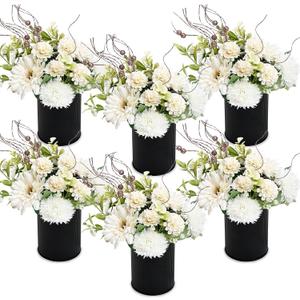 Party Table Centerpieces - Set of 6 Pre-Made Daisy Floral Arrangements with Black Metal Vase for Birthday, Baby Shower, Events Celebration Decorations - Ivory White & Rose Gold